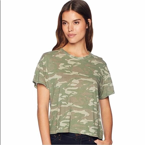MONROW Soft Vintage Camo Cropped Tee T-Shirt Babydoll Tee Short Sleeve Green New - Picture 1 of 12